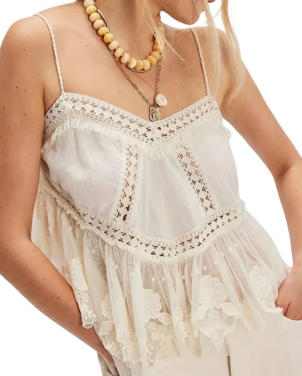 Free People Cami Tank Top Women's Large Ivory Sweet Escape Tulle Lace Romantic